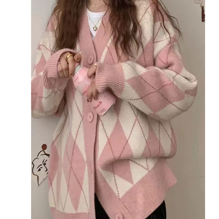 Autumn and Winter New Japanese Style Contrast Color Retro Lazy Loose Diamond Mid-length Thickened Sweater Outer Cardigan Women's Coat