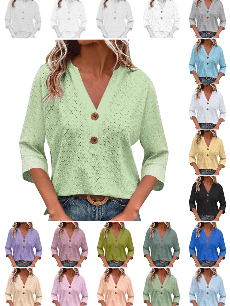 Spring and Summer European and American Cross-Border Amazon Independent Station New Women's Fashion Casual Solid Color Button V-Neck Long Sleeves