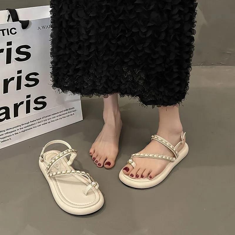 Small Fragrant Style Thong Chain Roman Shoes Soft Flats Beach Shoes Women's Outer Wear 2024 New Summer One-strap Sandals