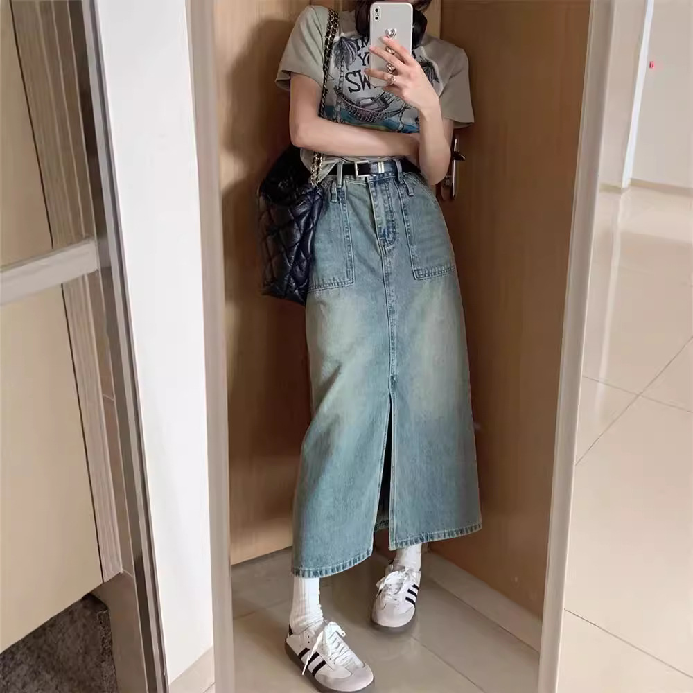 2024 spring new vintage washed white high waist pocket design sense long split Denim half skirt