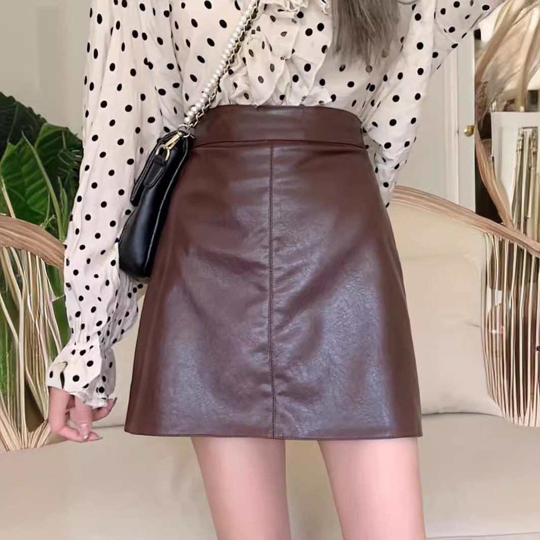 2025 Autumn and Winter New Black PU Leather Skirt Skirt Women's High Waist Slimming Skirt Casual Korean Leather Skirt for Petite