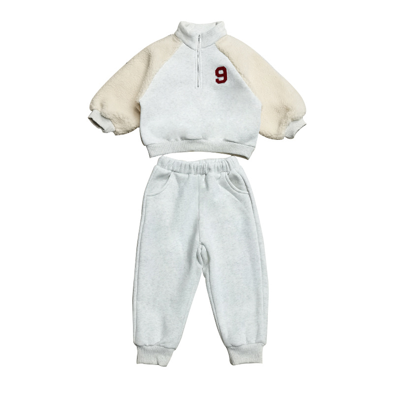 Korean-style Ins Boys and Girls Winter suit Fashion New Arrival Lambskin Stitching Fleece Sweatshirt Half Zipper Two-piece Set
