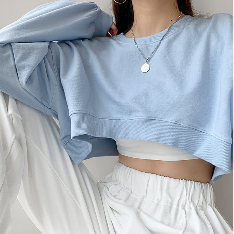 Picture of Short Sweater Women's Autumn Korean Solid Color New Loose Navel Round Neck Women's Foreign Trade Top Women's Fashion Wholesale