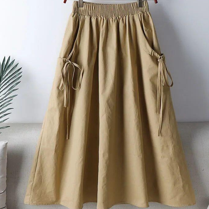 2024 Summer New All-match Solid Color Lace Drawstring Pocket Mid-length Korean Style Workwear Half-length A- line Skirt for Women