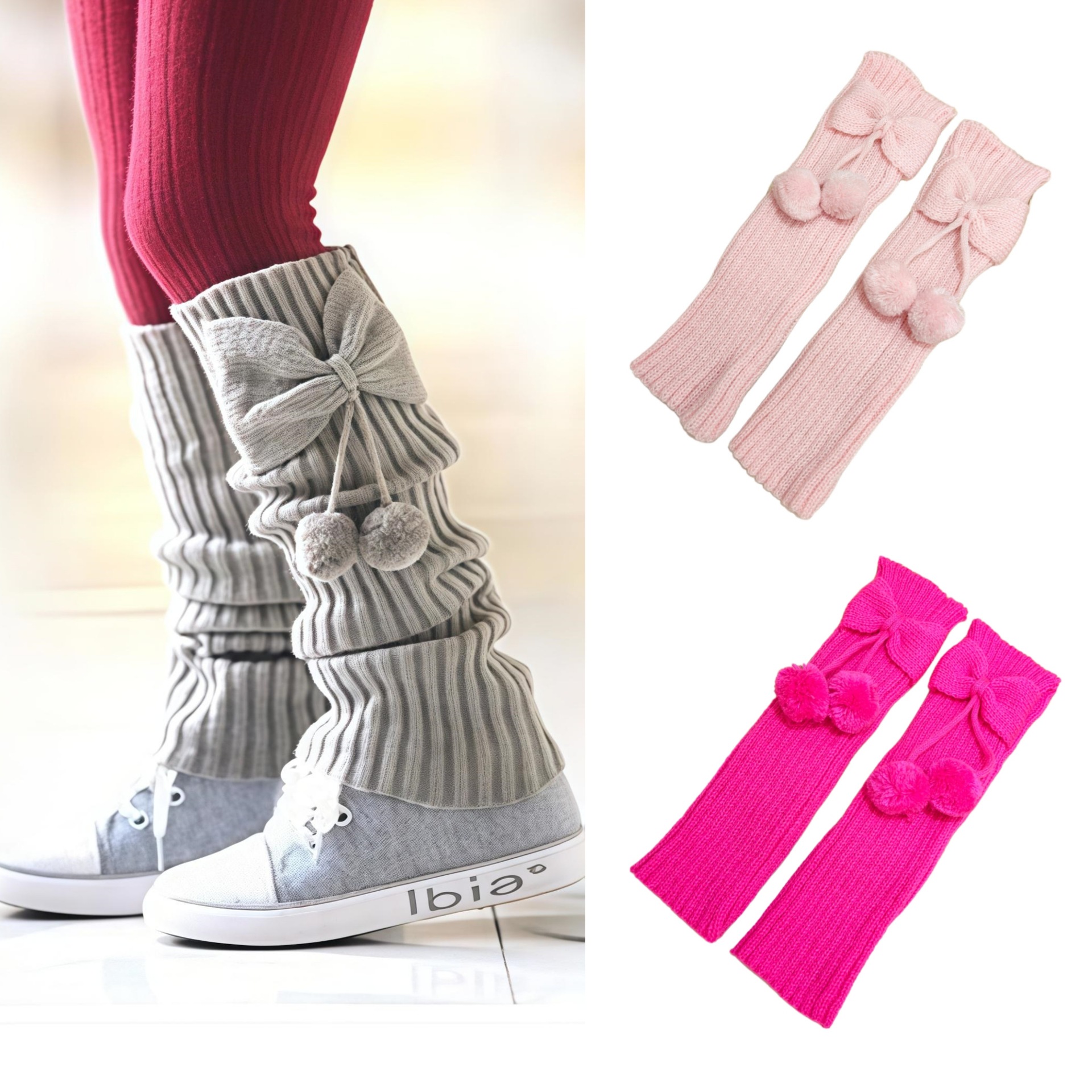 Children's Bow-Knot Hanging Ball Socks, New Autumn and Winter Knee Pads for Middle and Large Kidsren, Woolen Warm Boot Covers, Piled Leg Guards
