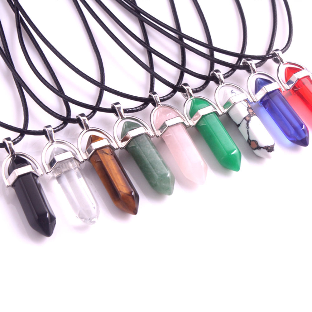 Picture of Natural Stone Hexagonal Pendant European and American Natural Crystal Hexagonal Prism Bullet Hexahedral Black Wax Rope Necklace