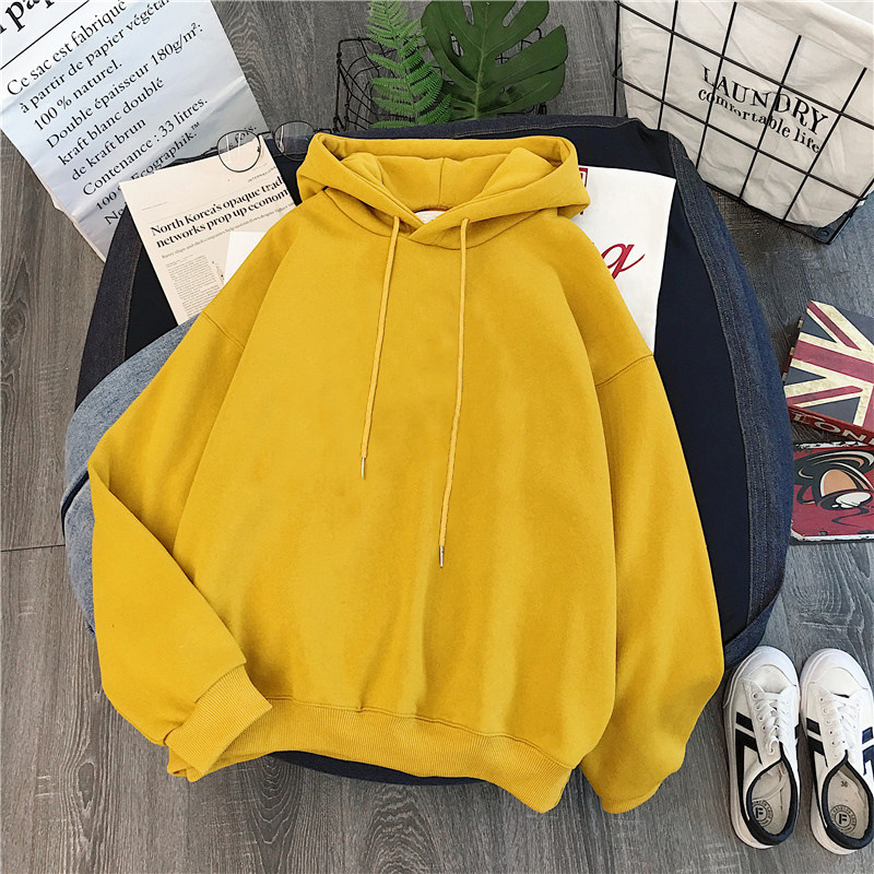 A generation of autumn and winter foreign trade women's fleece-lined thick hoodie solid color sweater long sleeve pullover yellow coat wholesale