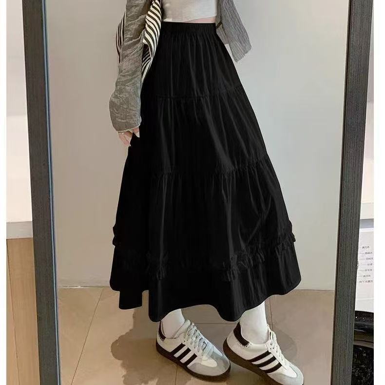 French fungal edge cake long dress for women, spring-summer new high-waisted, slimming, elegant A-line midi skirt