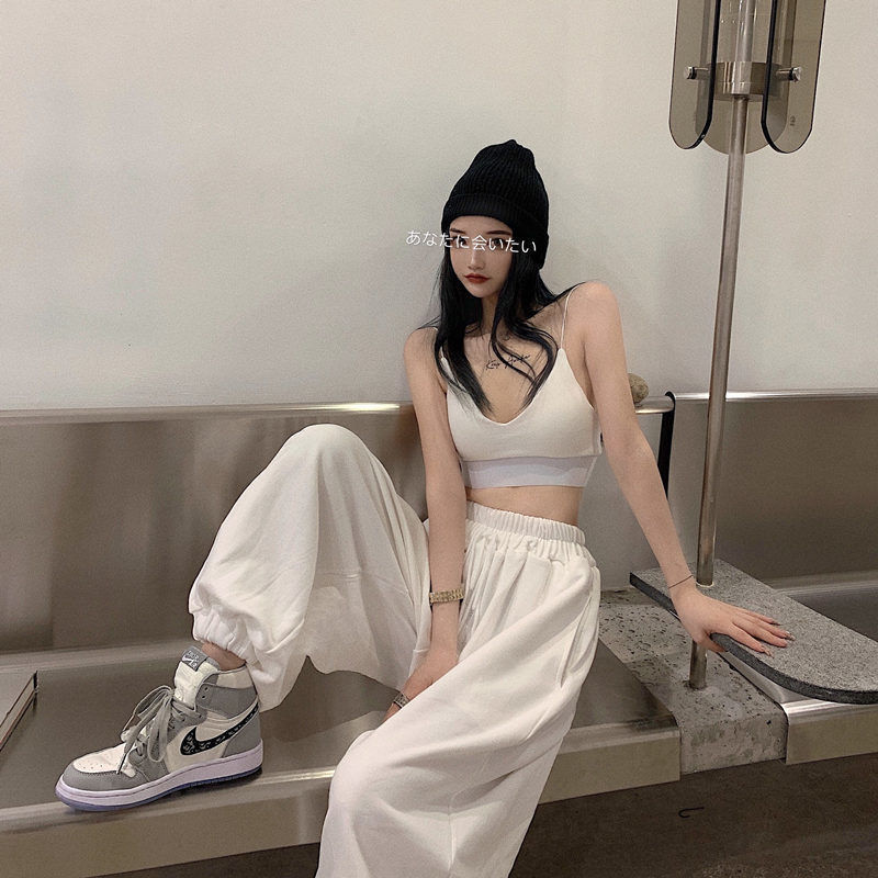 2023 White Casual Sports Pants Loose Thin Jazz Dance Bloomers Hot Girl Style Solid Color Casual Pants