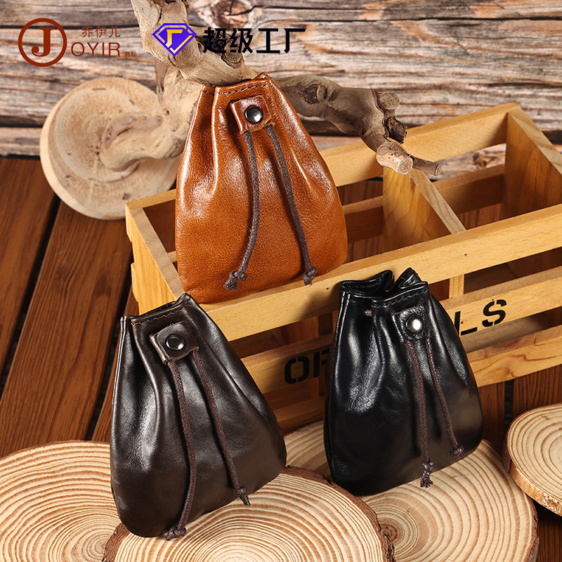 New Style Cowhide Niche Vintage Small Coin Purse Coin Headset Storage Bag Leather Drawstring Mini Small Wallet Trendy