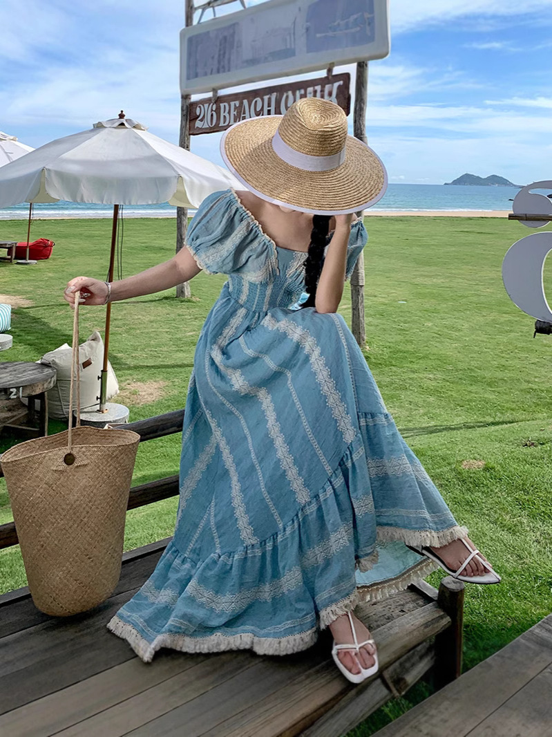 Seaside Vacation dress Women's Summer Atmosphere Blue Ethnic Style Gentle Temperament Retro New Long Skirt