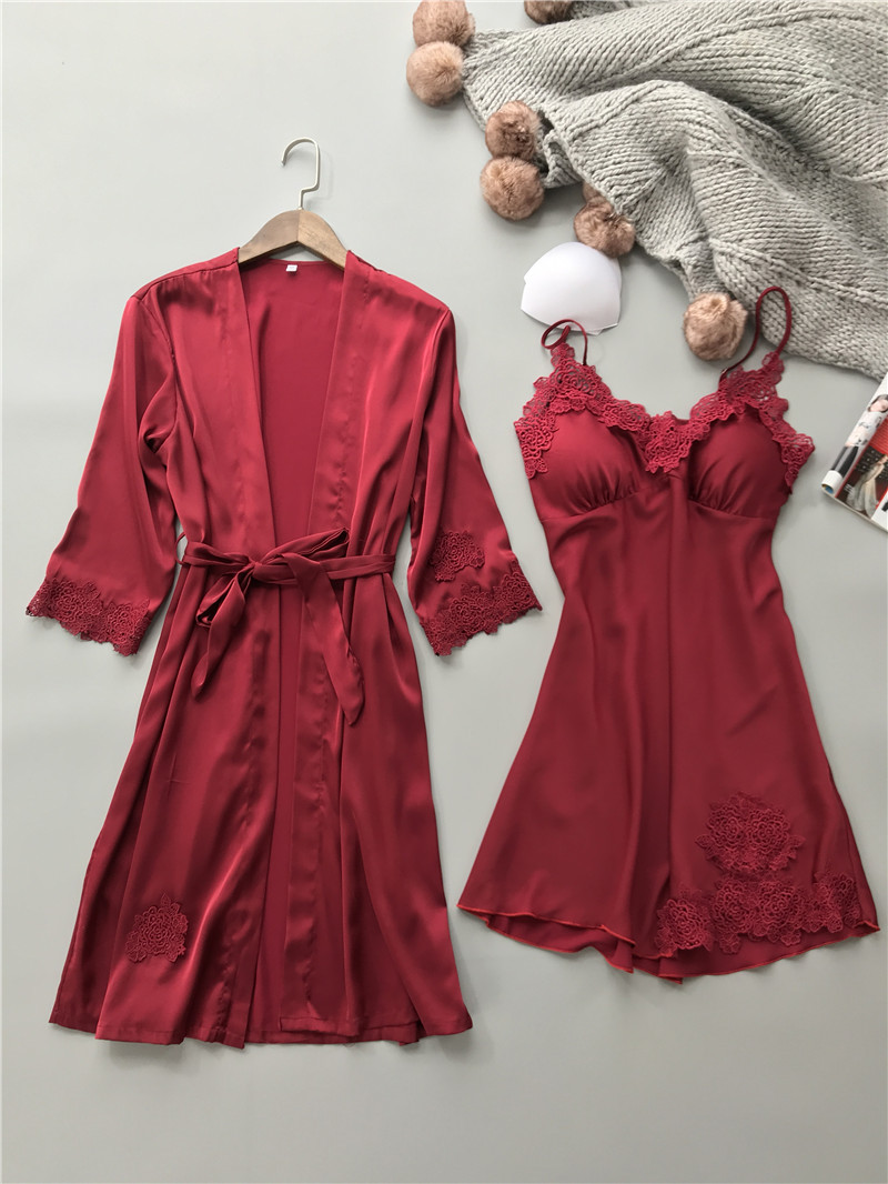 Picture of Spring and Summer New Sexy Sling Nightgown Nightgown Nightgown Set Wholesale Silk Home Clothes with Chest Pad Nightgown Women