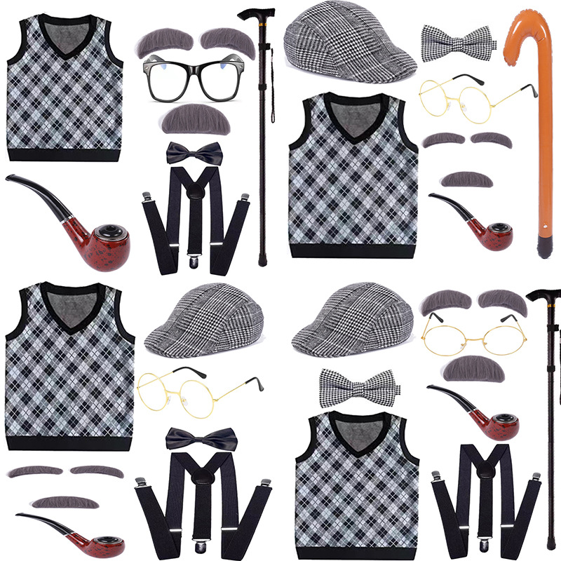 Picture of COS Old Man Dress Up Halloween Children Grandpa Vest Wig Beard Granny Children Show Wig