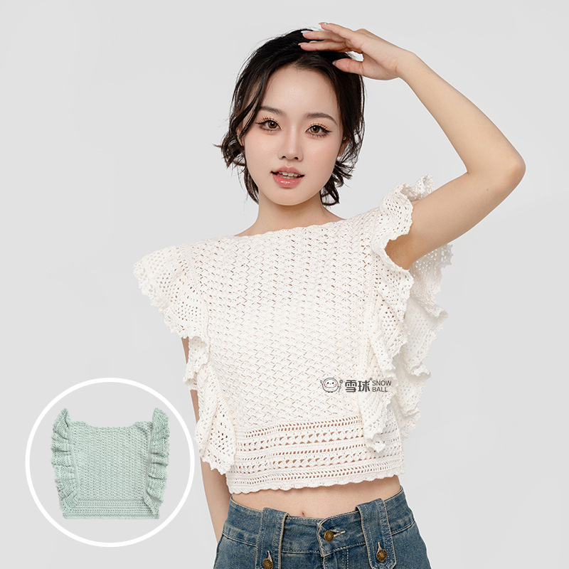 Snowball DIY Hand-Knitted Jade Cotton French Small Flying Sleeve Lace Top Material Package Sweet Wool Knitted Sleeveless