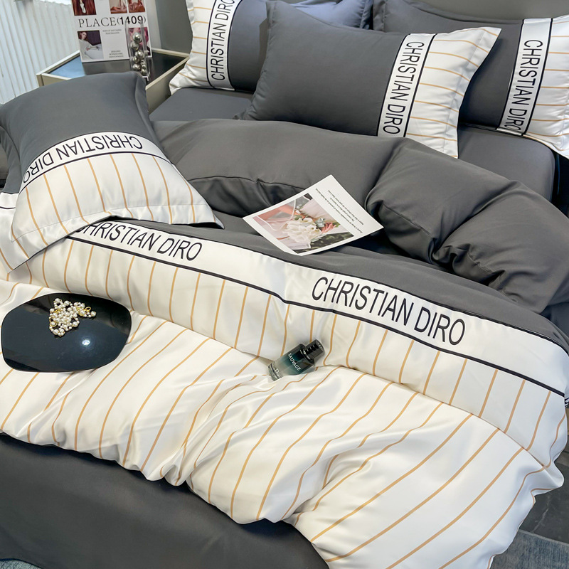 ins Nordic Style Simple Mix Striped Quilt Cover Washed Cotton Bed Four-piece Dormitory Single Bed Sheet Three-piece Set 4