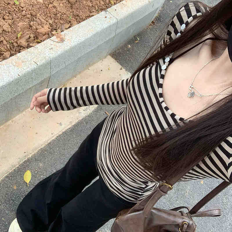 Yujie's Style and Venerable Foreign Style Inner Base Shirt Women's Autumn and Winter New Pure Spice Girls Long Sleeve Striped T-shirt Top
