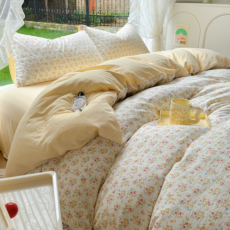 Picture of Class A Maternal and Infant Grade Fresh Small Zhu Cotton Four-piece Set Washed Cotton Bed Sheet Quilt Cover Three-piece Set for Student Dormitory