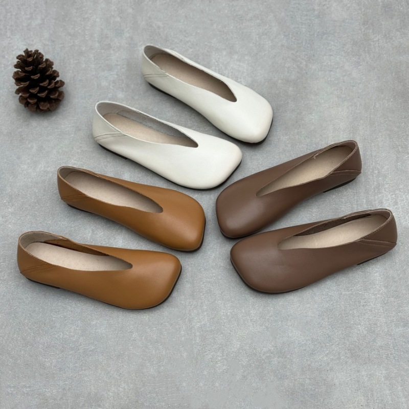 2025 Spring New Literary Handmade Genuine Leather Shoes Women's Retro Cotton and Linen Square Toe Flat Casual Slip-On Women's Shoes