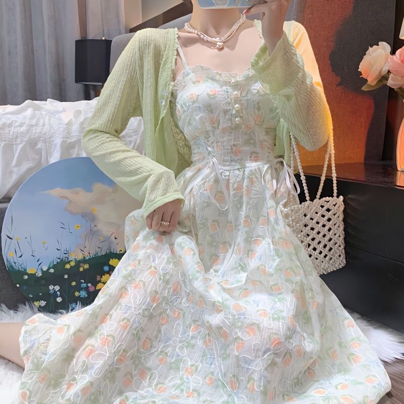Summer Mori Style First Love Long Dress Sling Dress Women's Thin Sunscreen Cardigan Floral Dress Super Fairy Dress