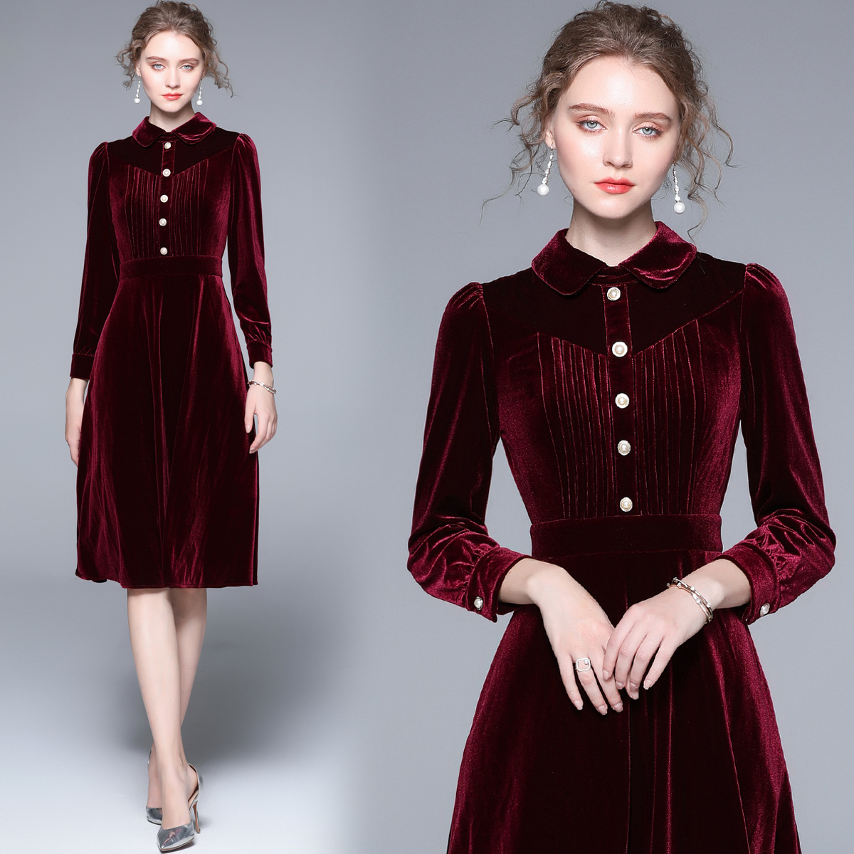 Real shot in stock European station 2023autumn catwalk slim mid-length velvet dress