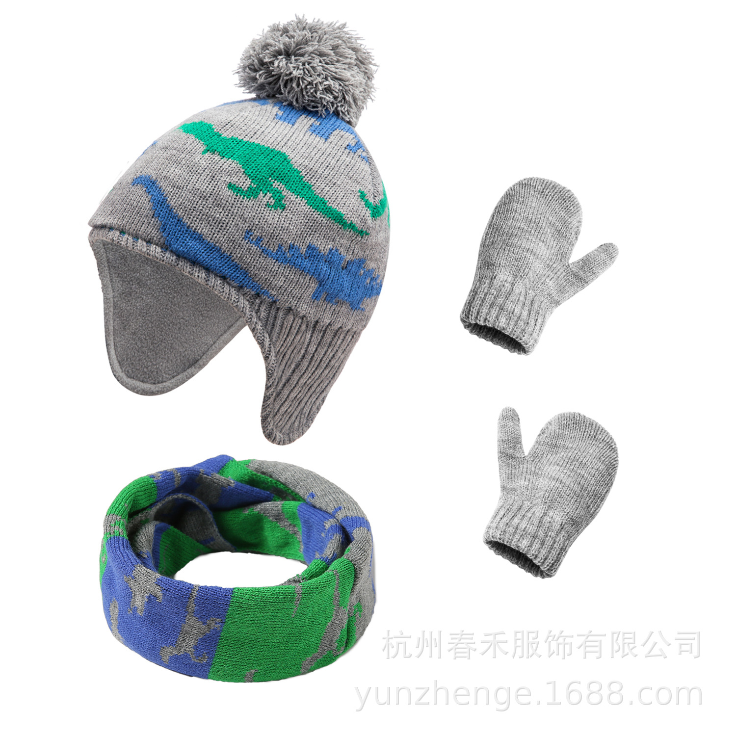 Picture of Spot 6 Color Explosions Autumn and Winter Cartoon Cute Dinosaur Hat Bag Set Young Children's Knitted Hat Gloves Scarf 3-piece Set