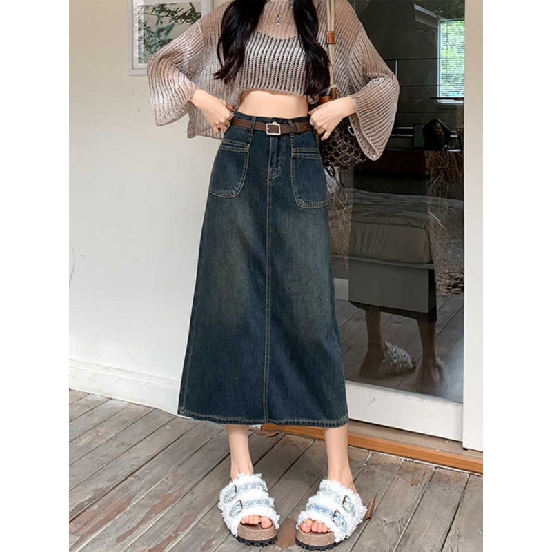 Vintage Front Pocket Denim Skirt Women's Small New High Waist Mid-length A- line Split Step Skirt