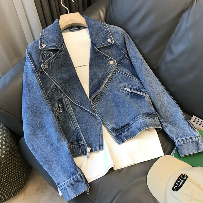 Picture of Fried Street section ~ trend is full, fashionable fine love! Motorcycle Large Lapel Zipper Long Sleeve Denim Jacket