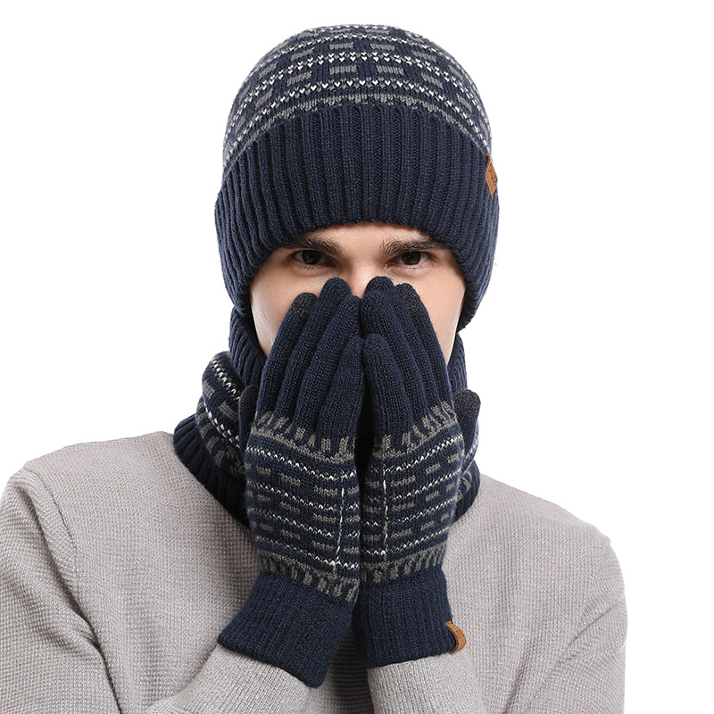 Picture of 2025 European and American Autumn and Winter Men's Warm Woolen Hat Knitted Thickeneded Adult Hat Neck Scarf Gloves Three-Piece Set Manufacturer