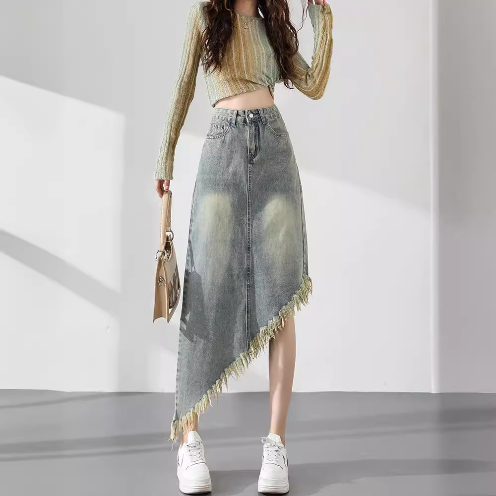 Retro Irregular Denim Skirt Women's Spring and Summer 2024 New High Waist Slim A- line Hip Midi Skirt