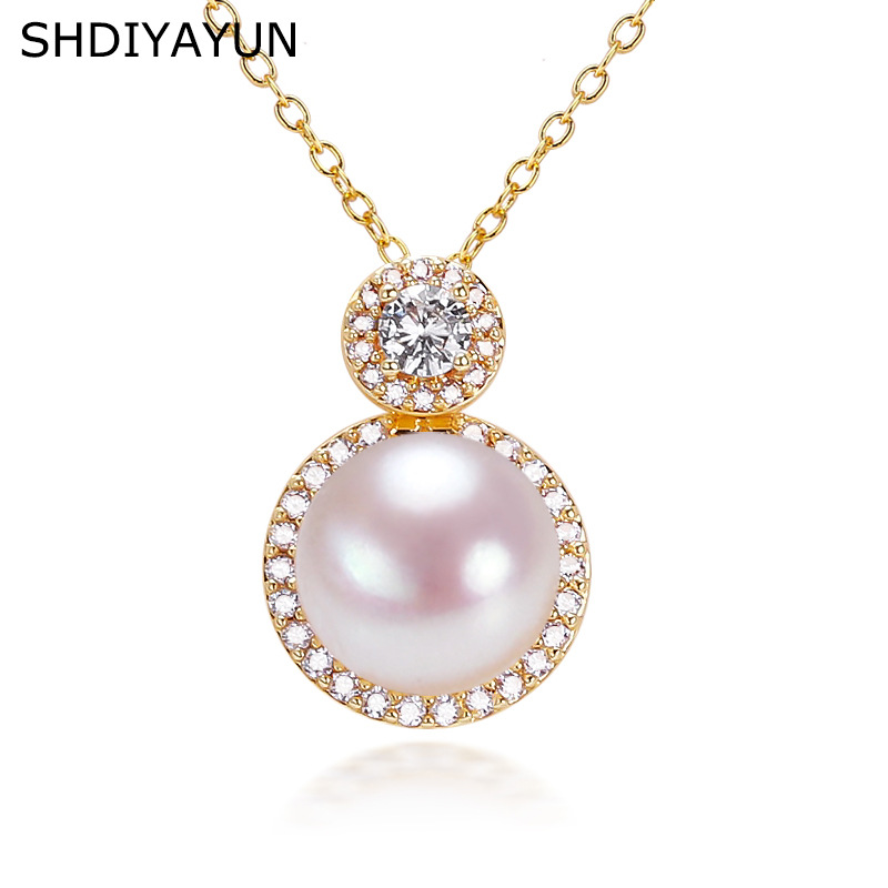 Picture of New Boutique 18K Gold Craft Princess Zircon Natural Freshwater Pearl Necklace Round Pearl Pendant