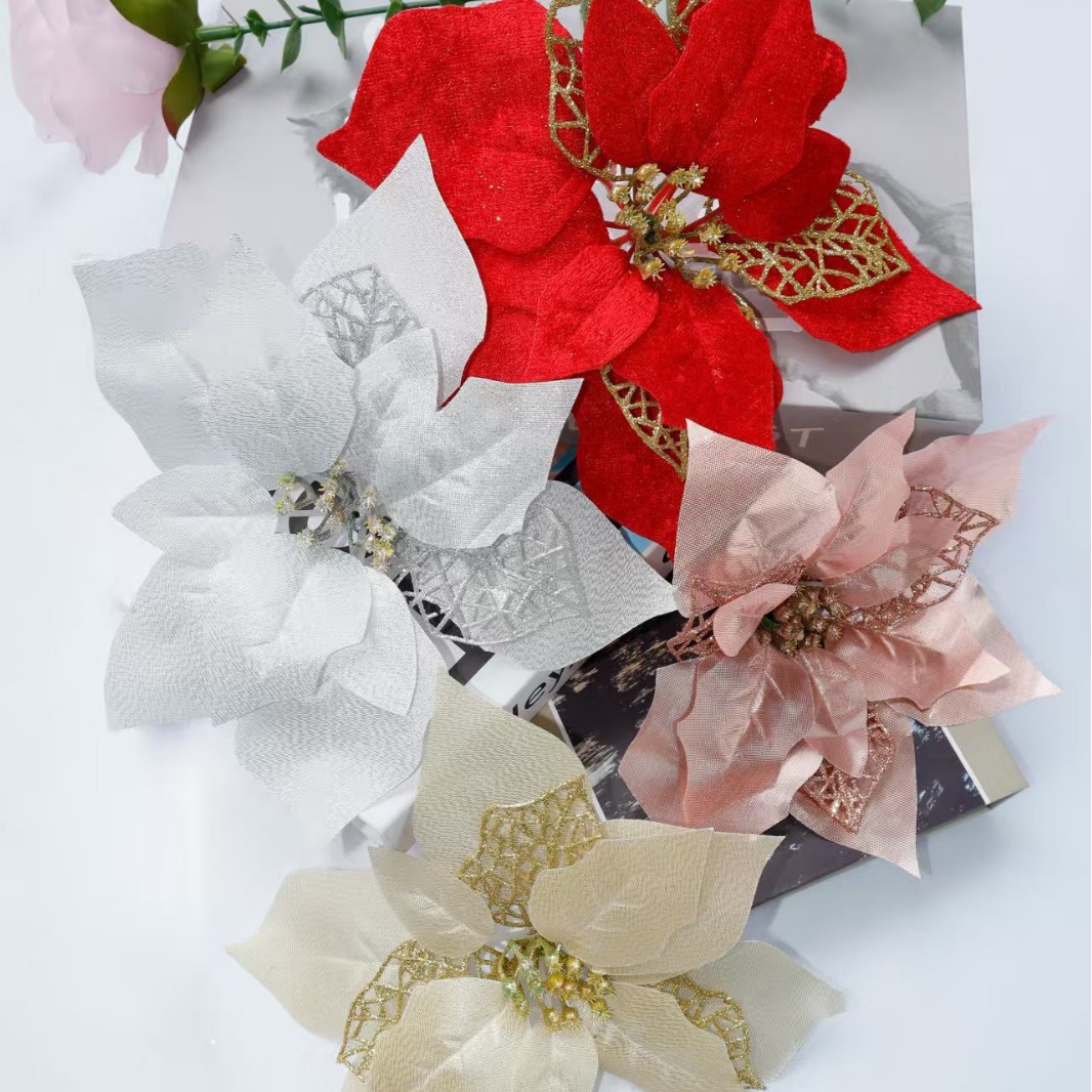In stock supply 22cm Gold Pink Christmas flower artificial flower holiday gift Christmas tree pendant decorative flower garland accessories