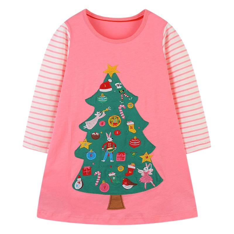 European and American style girls long sleeve dress autumn new knitted cotton cartoon Christmas tree princess dress a generation of hair