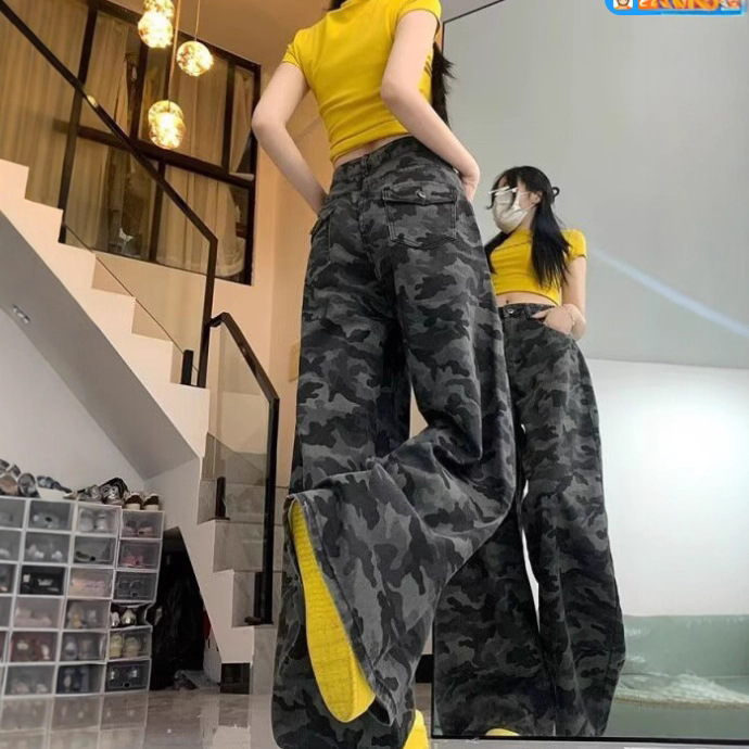 Retro camouflage plus-size wide-leg pants, spring and autumn hot girl cargo jeans, women's American high-waisted loose slimming new style
