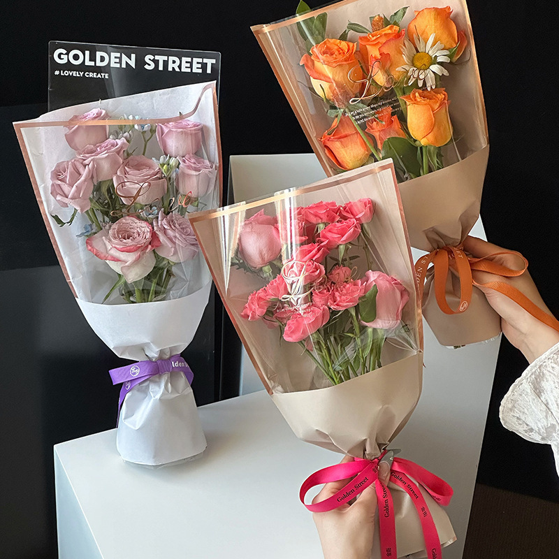 Love Hot Stamping Cowhide Multi-Branch Bag Flower Shop Floral Bag Flower Material Waterproof Opp Coated Flower Shop Flower Packaging Bag