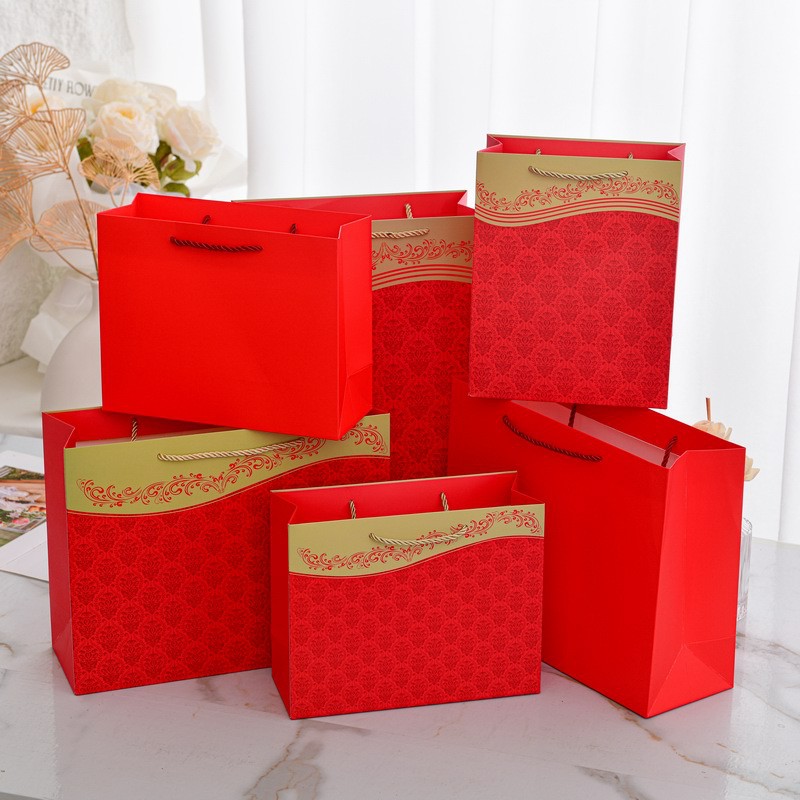 Pure Red Style Gift Bag Chinese Style Portable Paper Bag Holiday Gift Giving Accompanying Gift Bag Return Gift Packaging Bag