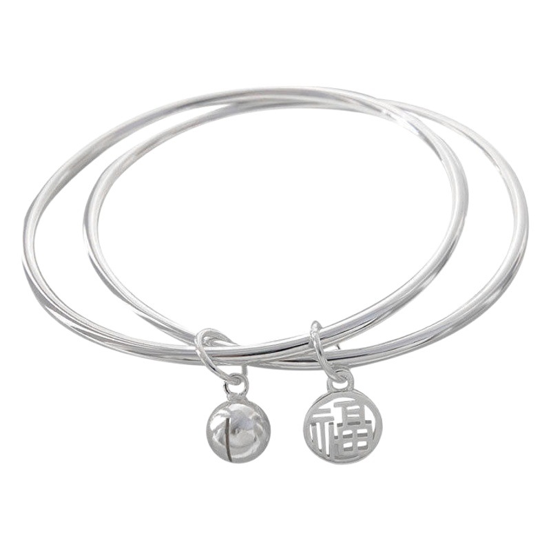 Silver-plated Double-ring Silver Bracelet Women's Gloss Bracelet Plain Ring Foot Silver Bracelet ins Niche Design Girl's Bracelet