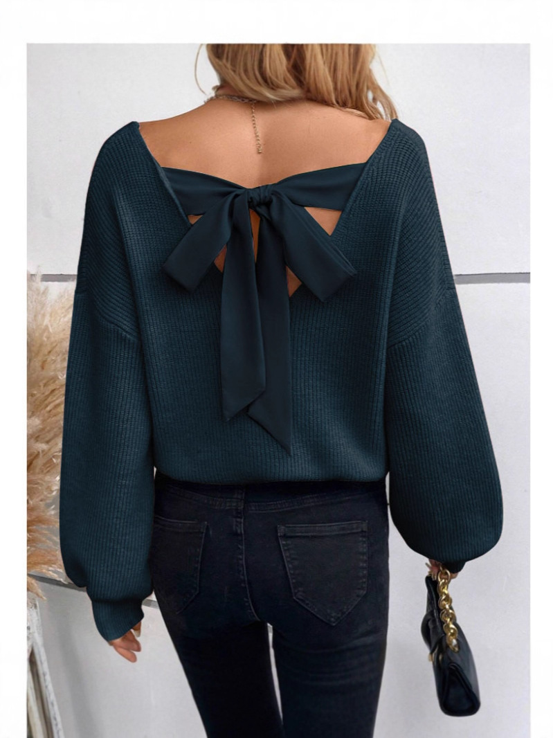 Picture of European and American cross-border women's V-neck solid color sweater, autumn foreign trade new long-sleeve casual loose bow top for women