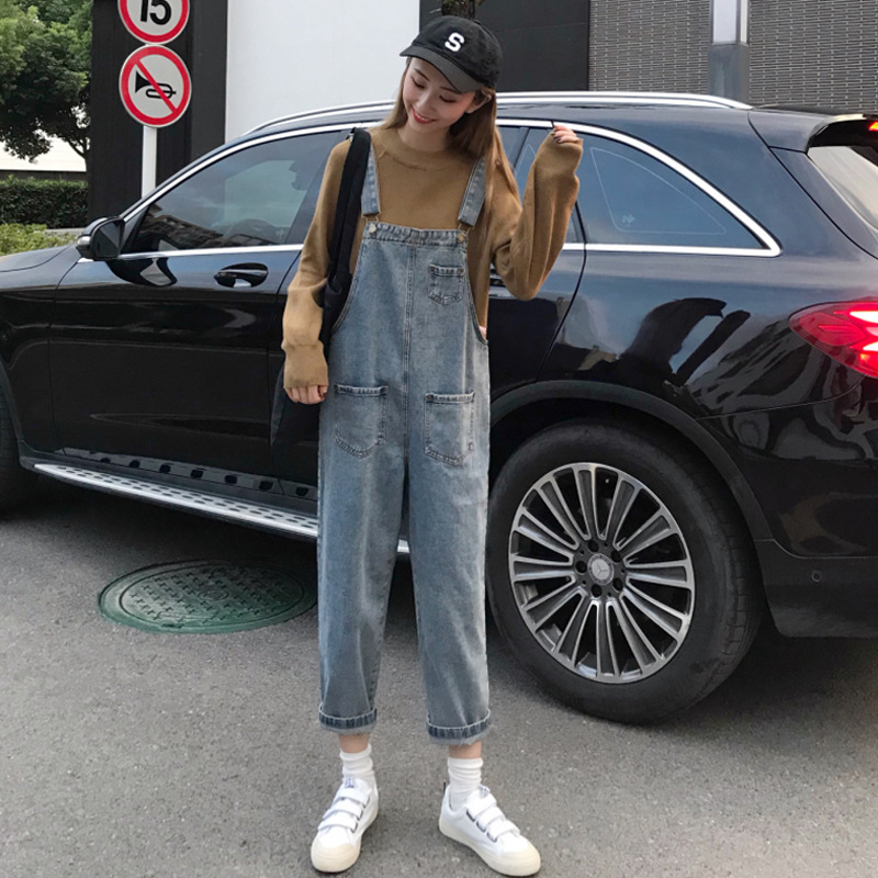 Women's Overalls Autumn Korean Style High Waist Loose Casual All-match Pants New Arc Nine-point Fried Street Slimming Wide-leg Jeans