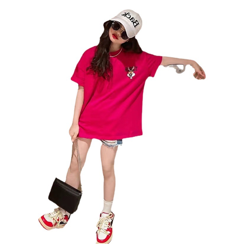 2024 Summer Loose Front and Back Post-Printed Collar Children's Wear All-Match Top Mid-Big Children's Shoulder Sleeve Children's Wear Short Sleeve T-Shirt
