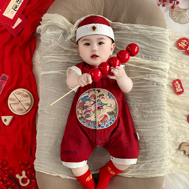 Boys' New Chinese Festive jumpsuit Climbing Dress Baby Summer Full Moon Banquet One-year-old Banquet Dress Ha-yi Climbing Dress 5303