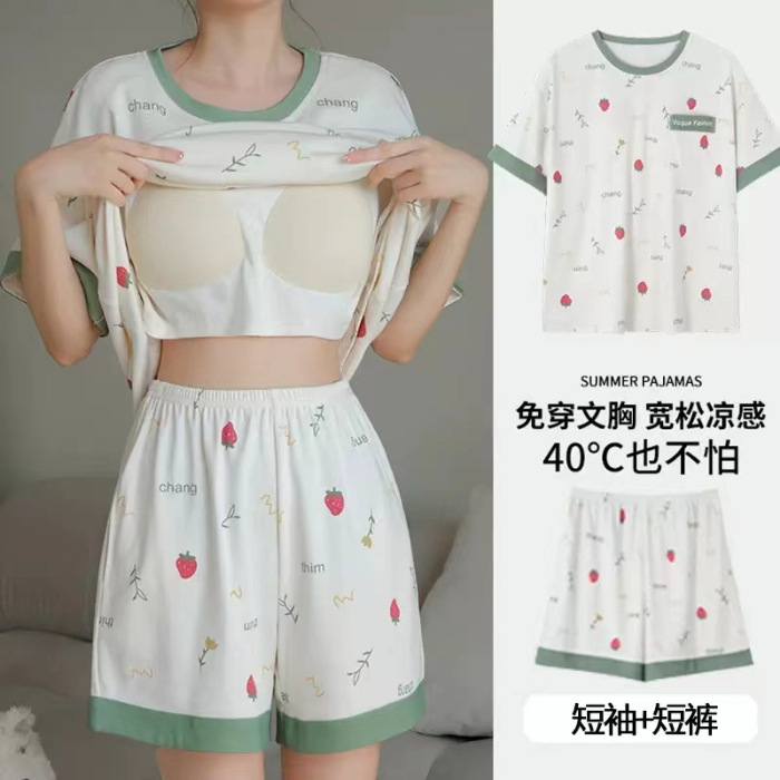 Chest Pad Pajamas Women's Summer Short-sleeved Striped Home Suit Cross-border 