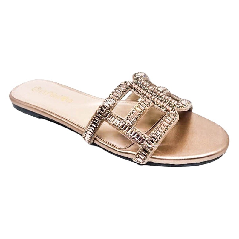 Factory Flat Women's Slip-On Sandals with a High-End Fashion Design and Rhinestone Detailing