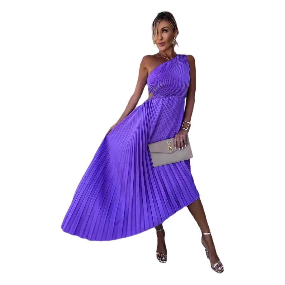 Picture of European and American 2024 Women's New Fashion Solid Color Casual Sexy Elegant One-shoulder Oblique Collar Pleated Hollow Dress
