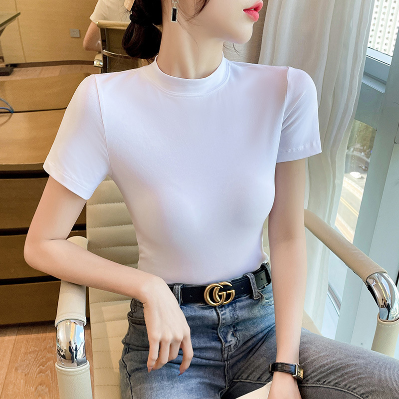 White Half-high Neck Slim-fit Short-sleeved T-shirt Women's Design Sense Summer Women's 2025 New Style Small Tight Top