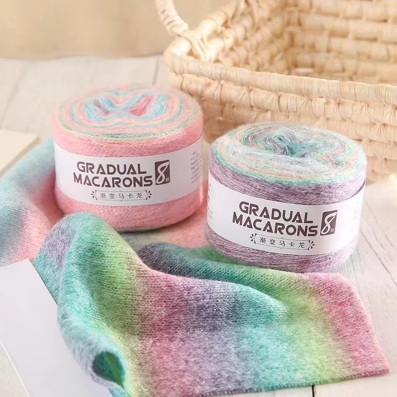 Wholesale Mohair Wool Rainbow Section Dyed Macaron Gradient Wool Thread Hand-Knitted Crochet Sweater Jacket Scarf Thread