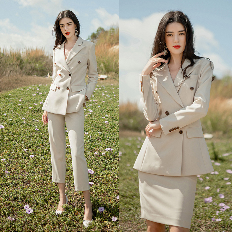 Beige Double-breasted Fashion Elegant Female President Suit for College Students Interview Dress White-collar Uniform Work Clothes