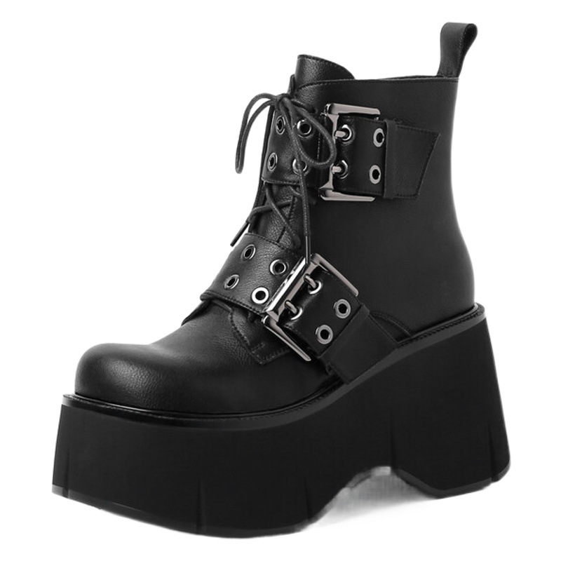European and American autumn and winter New thick-soled thick high heel fashion nightclub front lace-up AliExpress metal square buckle short boots for women