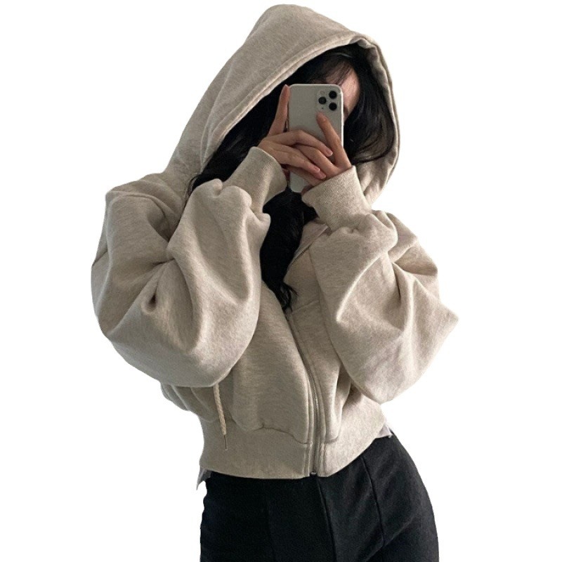 Picture of 2024 Spring and Autumn New Ins fleece-lined All-match Fashion Short Slim-fit Zipper Warm Navy Blue Hooded Women's Sweatshirt