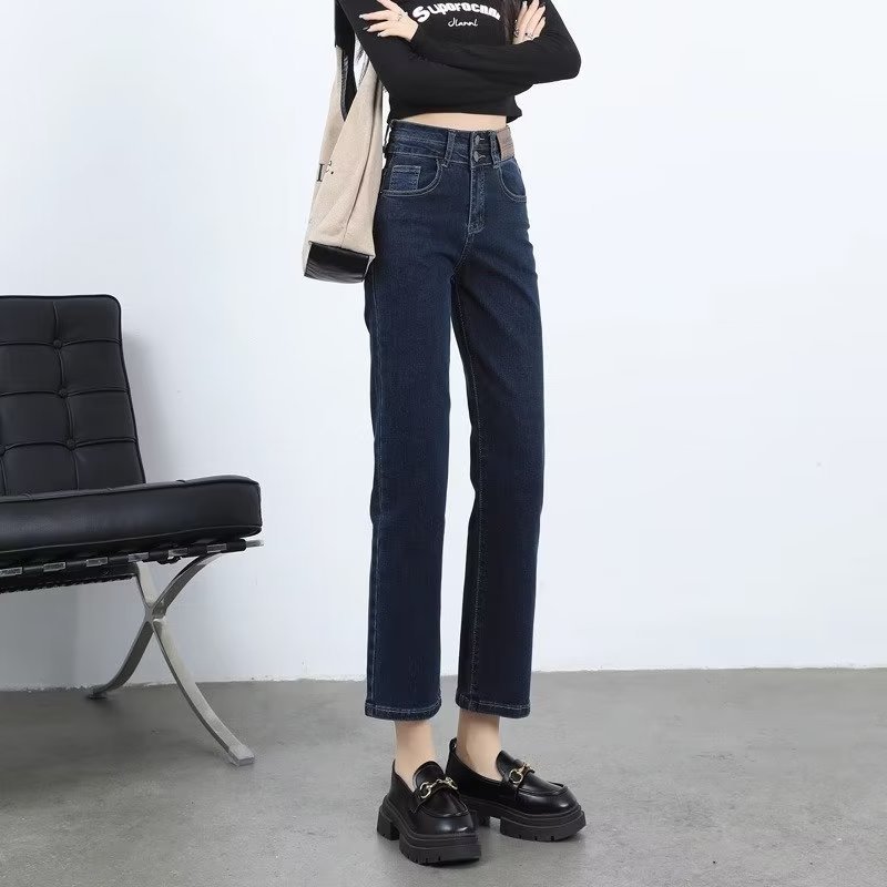 Black Straight-Leg Jeans Women's Autumn and Winter Slimming High Waist Dummy Cropped Pants American Vintage Smoke Tube Pants