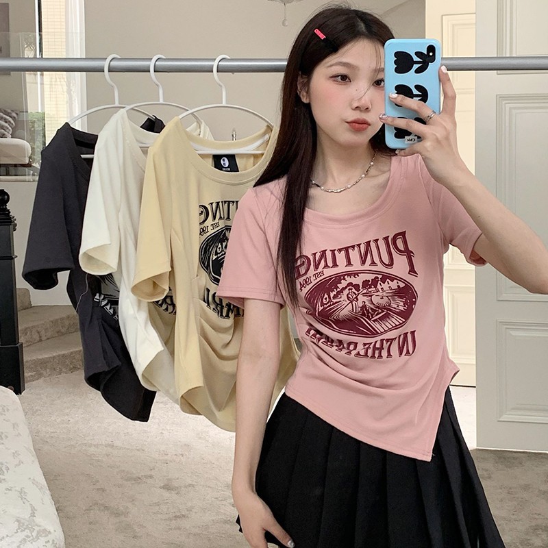 Right Shoulder Short-Sleeved T-Shirt for Women Summer 2025 New Fat mm Asymmetrical Design Printed Slimming Look Versatile Top
